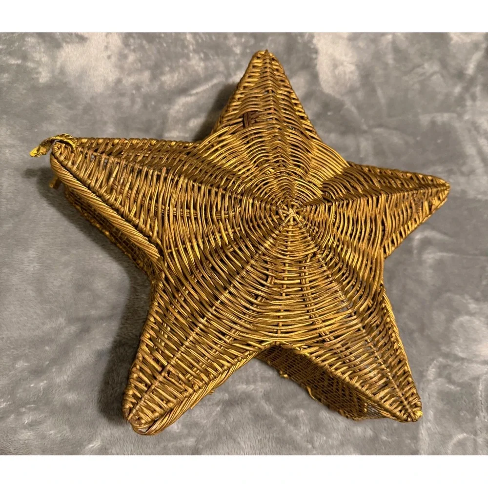 Vintage Gold Wicker Star Basket Hinged Lid Celestial Decor Gift Box Boho Star